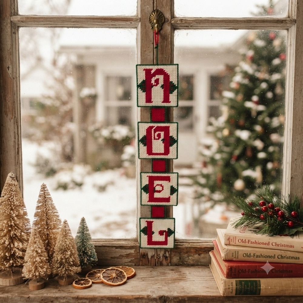 Vintage Handmade Plastic Canvas NOEL Wall Hanging Retro Kitschmas Holiday Decor